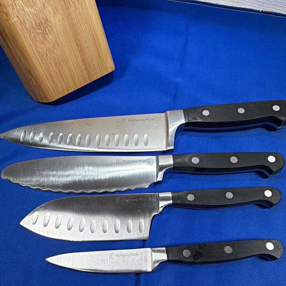 Wolfgang Puck 6 Pc Bamboo Knife Block Set Stainless Steel Cutlery & Sheath Knife